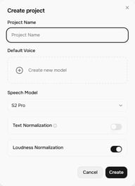 Fish Audio Story Studio Projekt erstellen Dialog mit Einstellungen für Stimme, Modell und Normalisierung