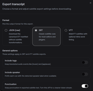 Panneau des options d'exportation Fish Audio montrant la sélection du format