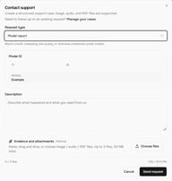 نافذة اتصال بالدعم في Fish Audio تظهر نوع الطلب كإبلاغ عن نموذج مع ملء المعرف تلقائياً وقسم الأدلة والمرفقات