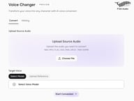 Fish Audio Voice Changer interface showing source audio upload and target voice selection