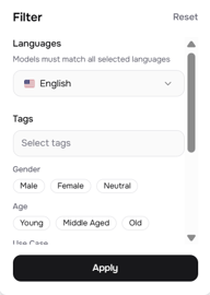 Fish Audio Discovery Filter-Panel mit Optionen für Geschlecht, Alter, Anwendungsfall und Stimmqualitäten