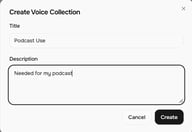 Fish Audio Create Voice Collection Dialog mit Feldern für Titel und Beschreibung